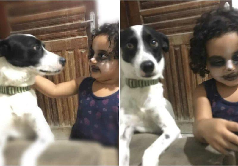 Menina pinta o rosto para ‘ficar igual’ ao seu cachorro e viraliza.