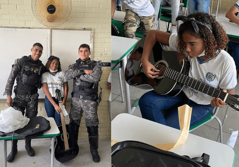 Policiais fazem surpresa e dão violão a aluna de música que vende doces na rua