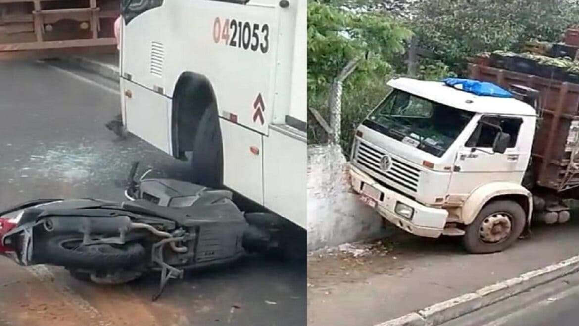 Motocicleta fica ferido após acidente envolvendo ônibus é caminhão