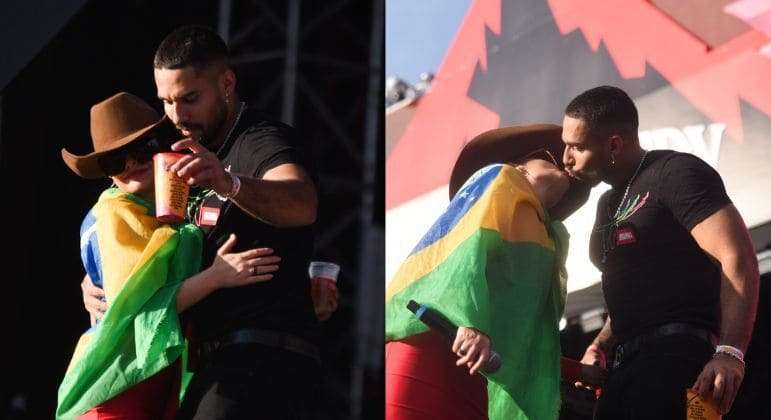 Maraisa e Bil Araújo dançam juntinhos e se beijam em show