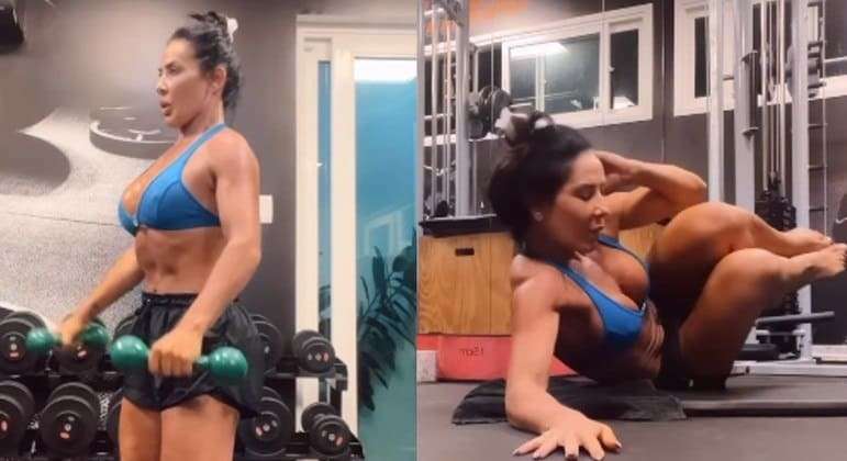 Aos 49 anos, Scheila Carvalho exibe barriga sarada e corpo musculoso durante treino