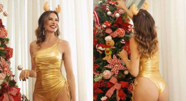 Aos 53 anos, Luciana Gimenez posa de maiô dourado para o Natal, e web reage: 'Que corpão'