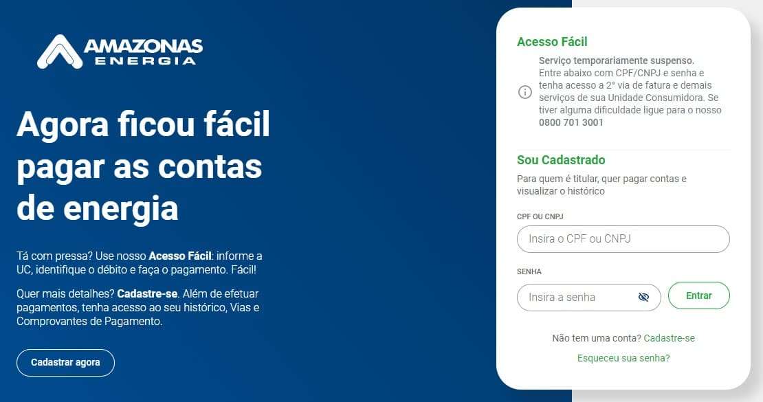 Amazonas Energia Informa: Acesso Fácil das contas de energia pelo site e aplicativo estão temporariamente suspensos