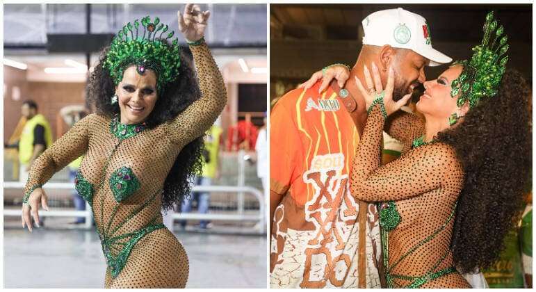 Viviane Araújo brilha no ensaio técnico da Mancha Verde com a presença do marido