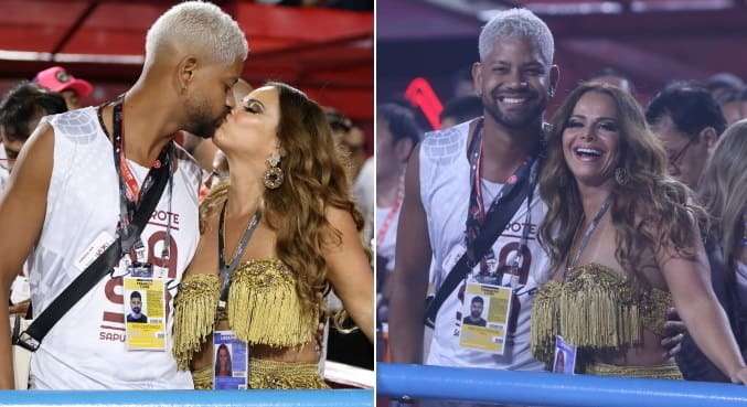 Em clima de romance, Viviane Araujo troca beijos com o marido durante desfiles no Rio de Janeiro