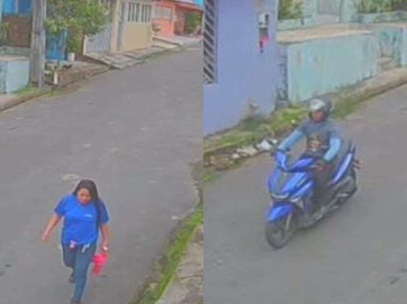 Uma câmera de segurança da região, mostra o momento em que a vítima caminhava pela rua e em seguida um homem em uma motocicleta de cor azul também passa pelo local e em seguida anuncia o assalto.