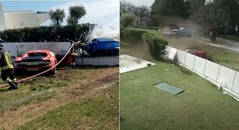 Ferraris decolam da pista durante corrida de rua, detonam muro e pegam fogo