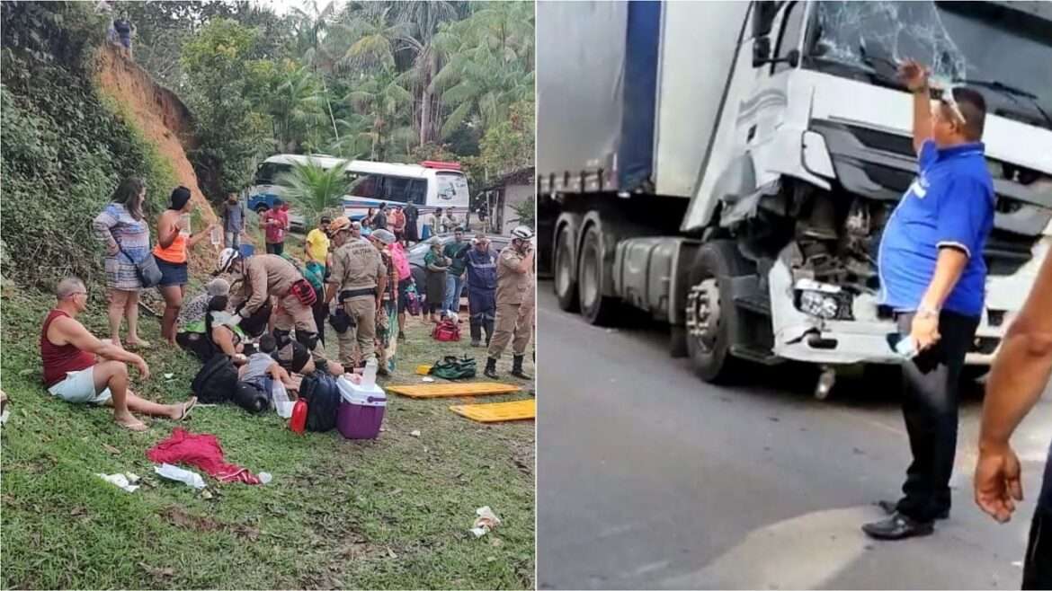 Colisão entre ônibus e caminhão deixa feridos e interdita a br 174