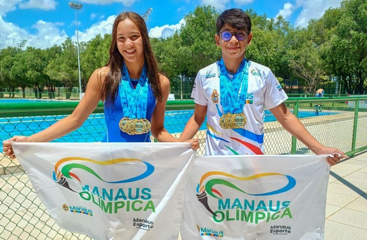Dupla do programa ‘Manaus Olímpica’ conquista 16 medalhas no Meeting Internacional das Fronteiras Norte de natação