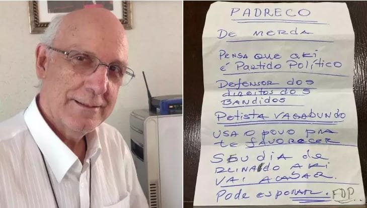 Padre Julio Lancellotti recebe bilhete com ameaça: "Petista vagabundo"