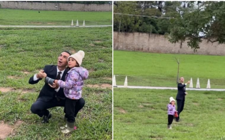 César Tralli solta pipa com a filha de terno, após apresentar o Jornal Hoje