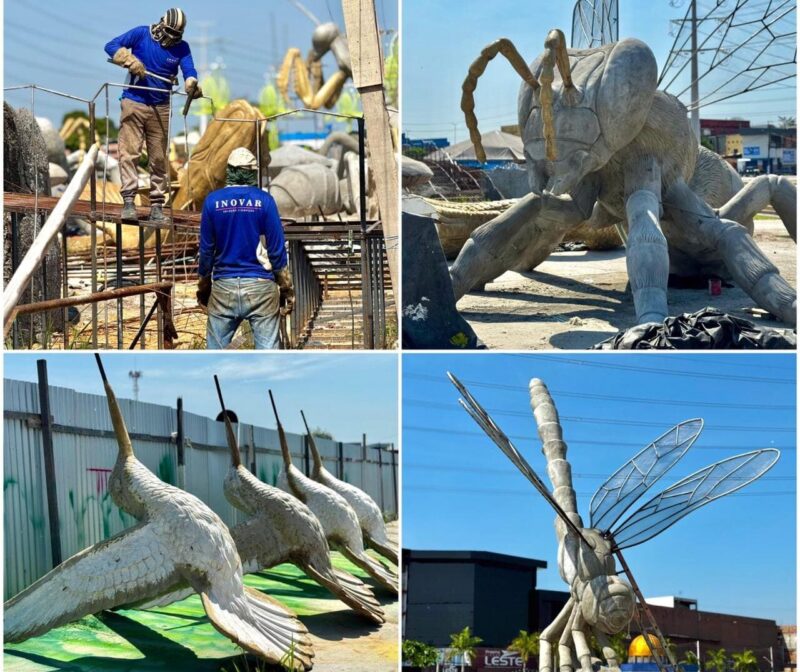 Aves, insetos e orquidário vão ganhando chapisco, estruturas e pintura na segunda etapa do Gigantes da Floresta