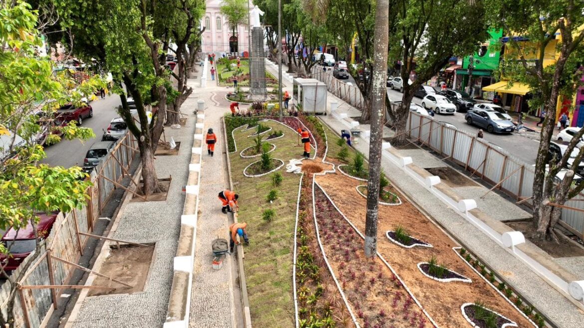 Prefeito David Almeida e vice Renato Junior realizam plantio de oliveiras na fase final do restauro da praça dos Remédios e destacam cuidado histórico e social no Centro